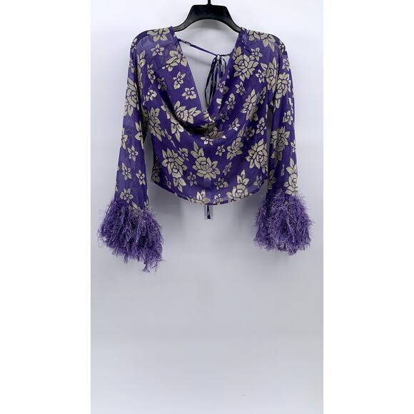 ASOS Women's Purple-Beige Floral Print Long Sleeve V-Neck Open Back Top SZ 4 - Picture 2 of 10